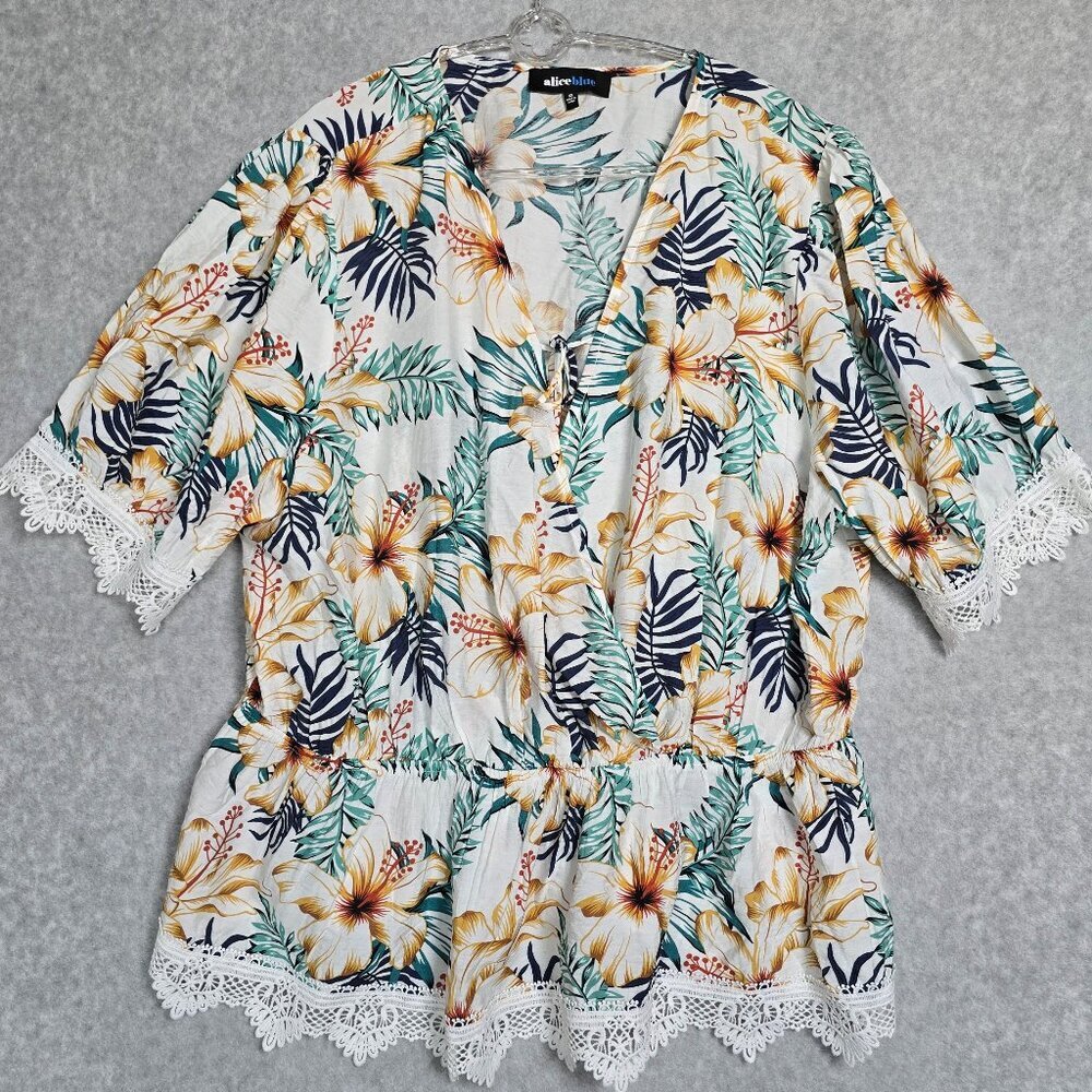 Aliceblue Women 3X Floral Tropical Bohemian Cottagecore Peasant Blouse Tie Top